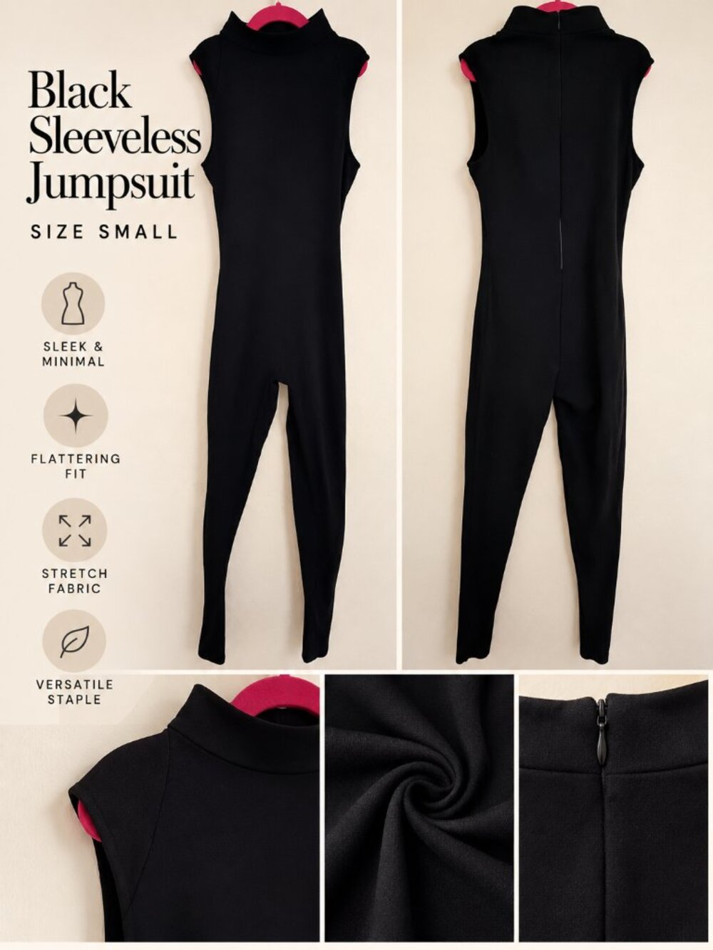 Black Sleeveless Mock Neck Jumpsuit Size Small Fitted Full Length